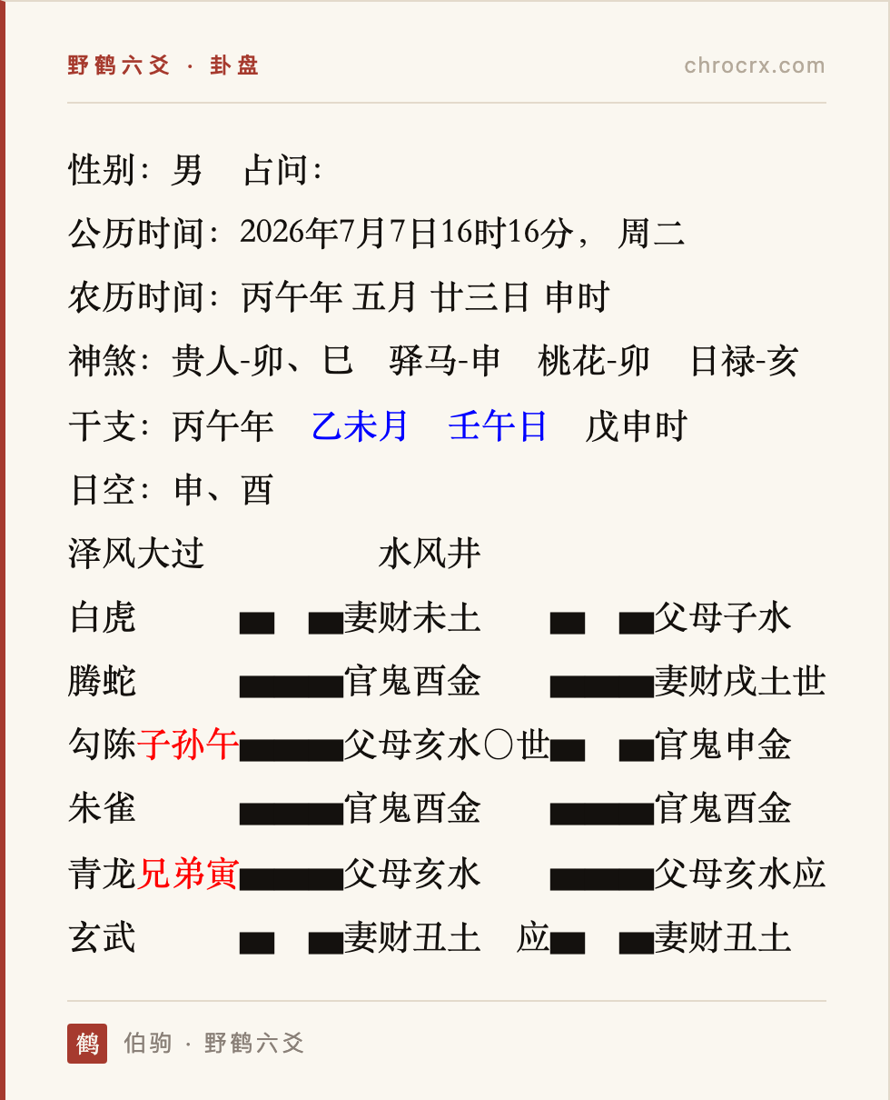 六爻占问哪天下雨?插图 卦盘:泽风大过 变 水风井